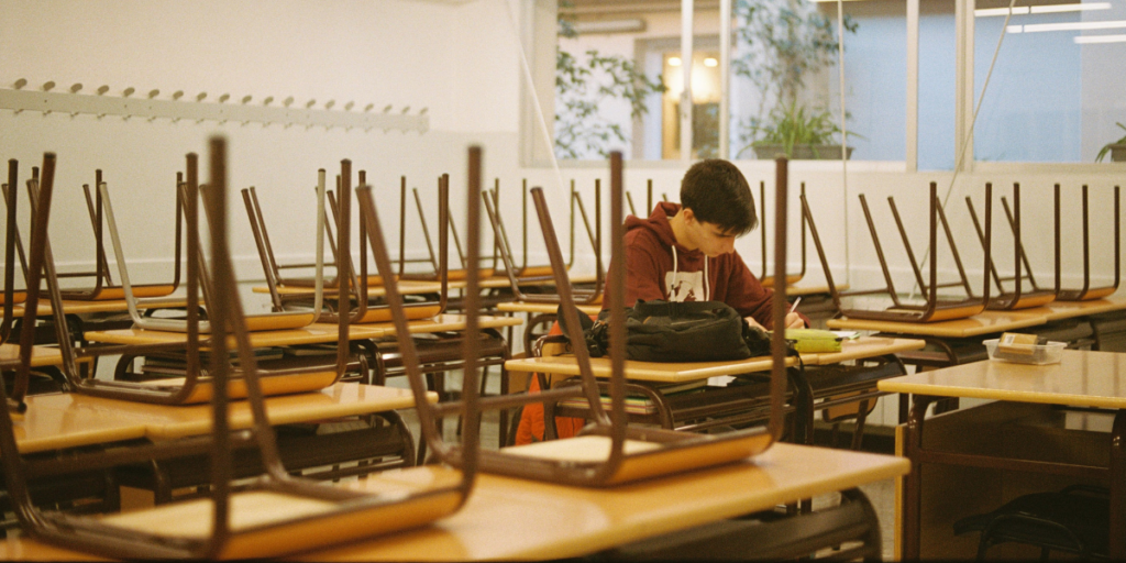 A classroom full of desks with chairs stacked atop them. One student works alone with head bowed.