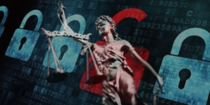 A gray-scale statue of lady justice is centered against a background of digital locks