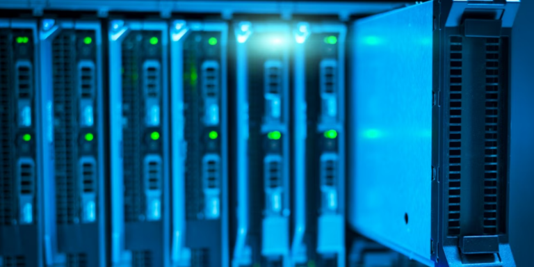 Detailed view of a server rack with a single server extended